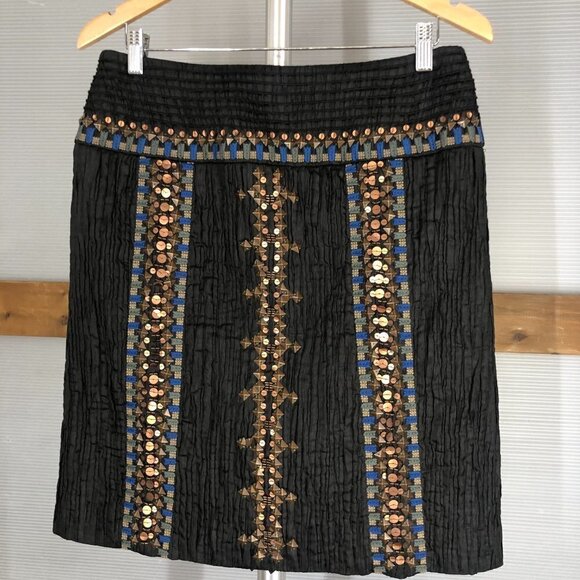 Etcetera Black Embroidered Beaded Crinkle Glam Lined A-Line Skirt Sz 8 - Picture 9 of 14